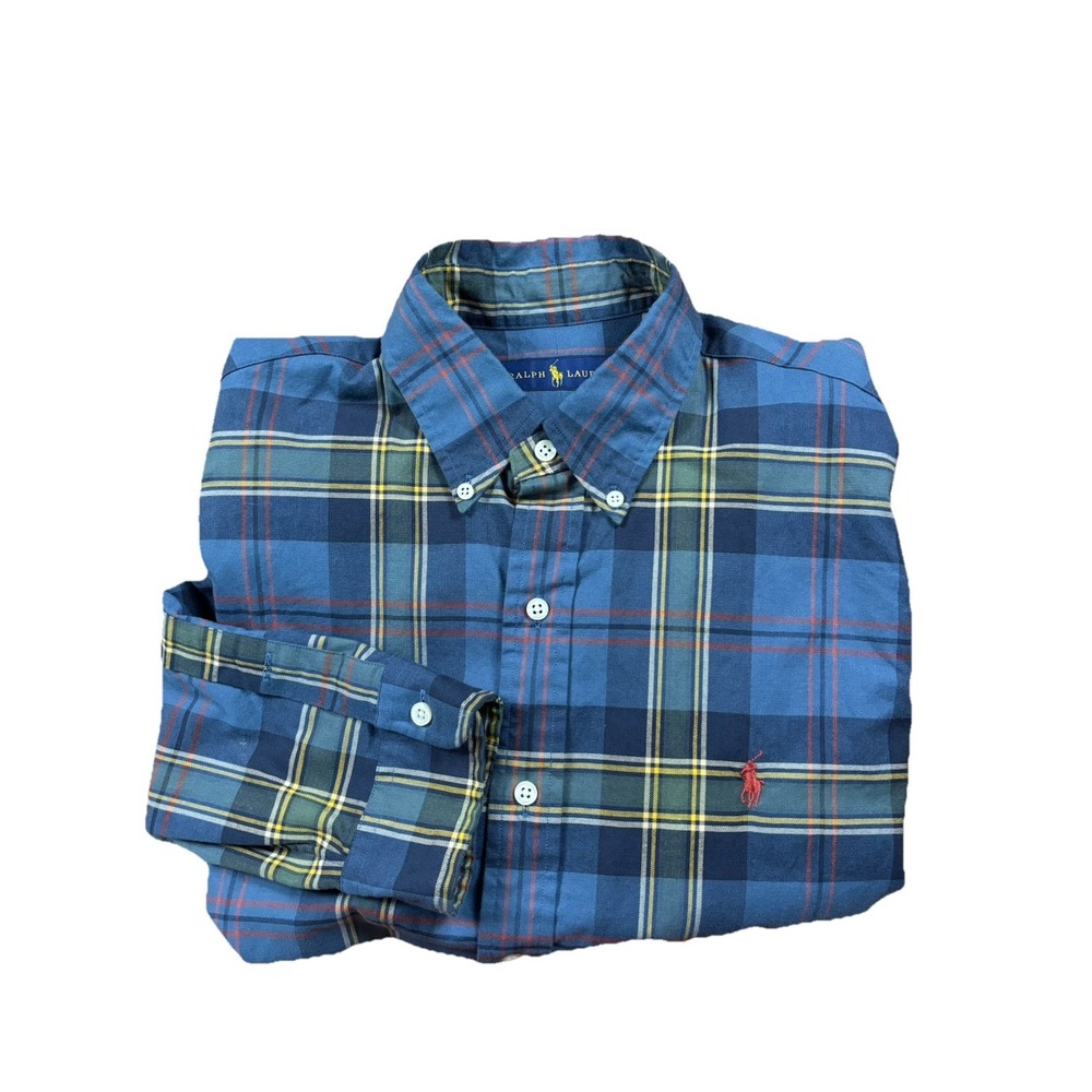 Ralph Lauren Men's L Blue Yellow Green Plaid Shirt Button Down Classic Fit